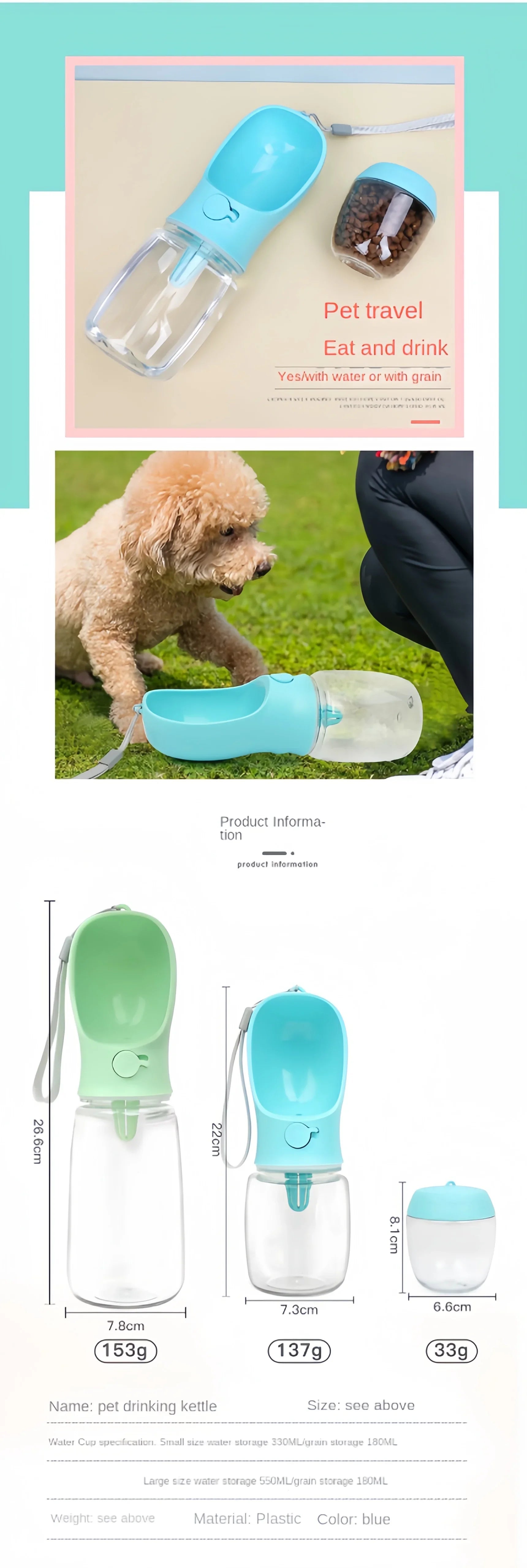 Portable Pet Water Bottle Food Grade Material Dog Cat Travel Cup with Food Dispenser Leakproof Puppy Small Pets